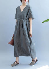 Loose gray plaid clothes Women v neck drawstring Art summer Dress SDL200725