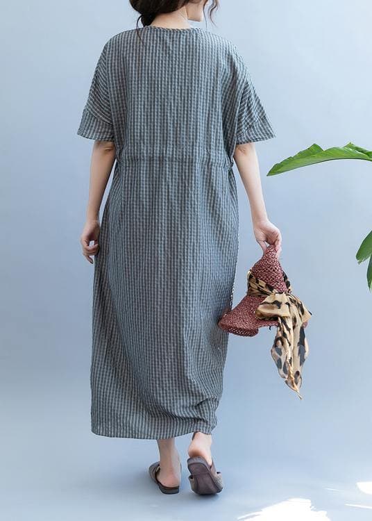 Loose gray plaid clothes Women v neck drawstring Art summer Dress SDL200725