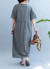 Loose gray plaid clothes Women v neck drawstring Art summer Dress SDL200725