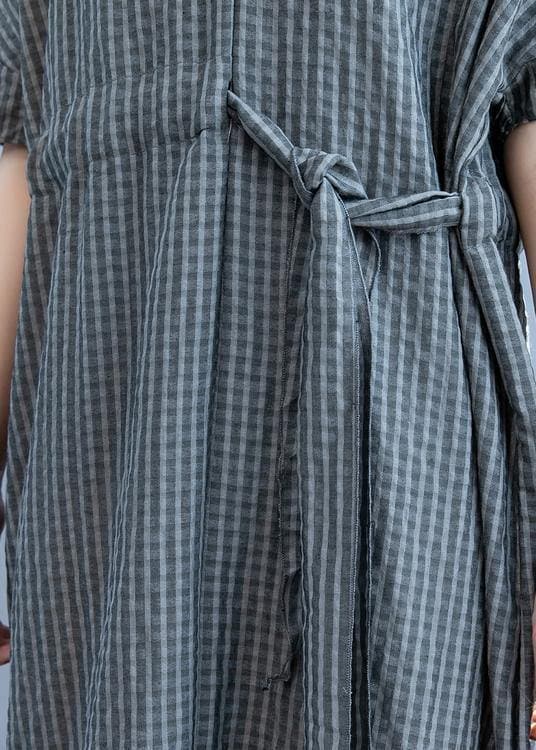 Loose gray plaid clothes Women v neck drawstring Art summer Dress SDL200725