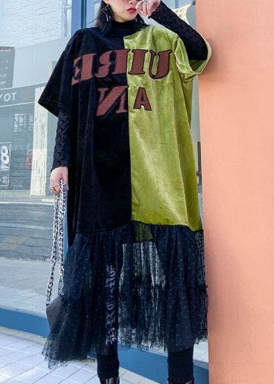 Loose green clothes o neck patchwork tulle robes spring Dresses AT-FDL191231