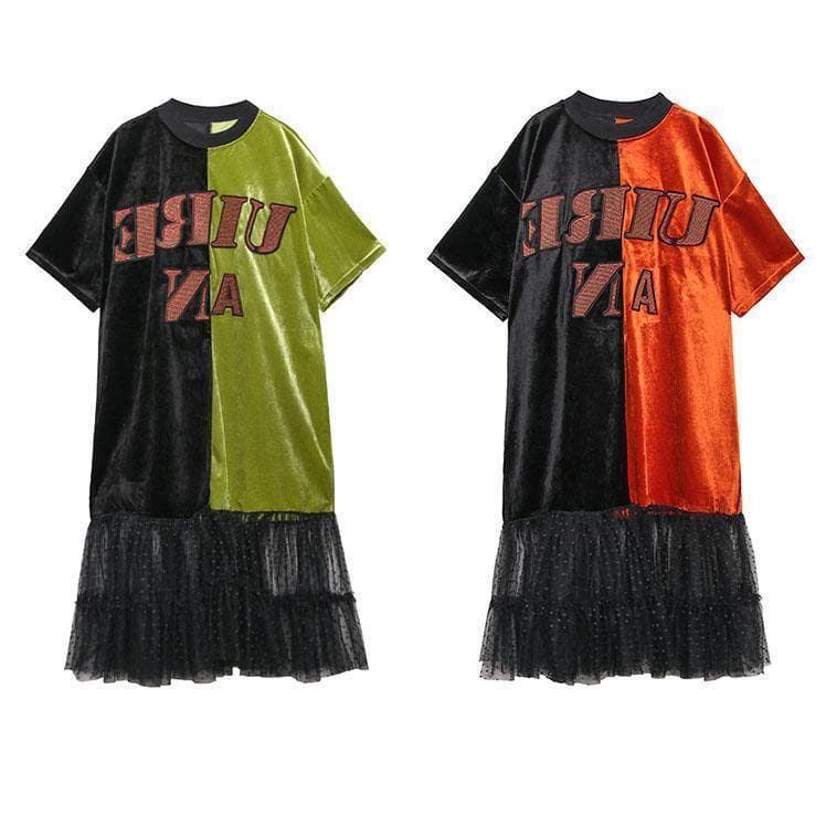 Loose green clothes o neck patchwork tulle robes spring Dresses AT-FDL191231