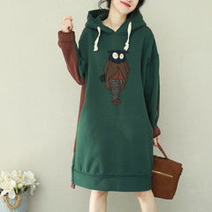 Loose green patchwork red Cotton Tunics Organic Runway hooded loose Dress FDM190129
