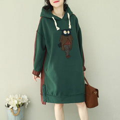 Loose green patchwork red Cotton Tunics Organic Runway hooded loose Dress FDM190129
