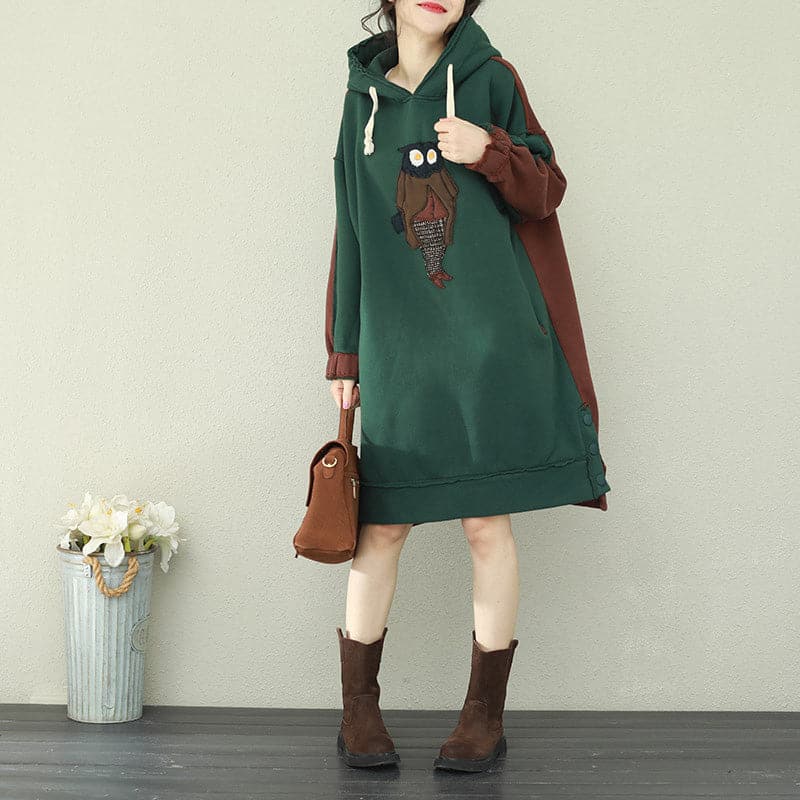 Loose green patchwork red Cotton Tunics Organic Runway hooded loose Dress FDM190129