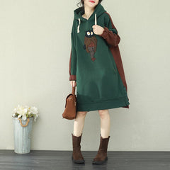 Loose green patchwork red Cotton Tunics Organic Runway hooded loose Dress FDM190129
