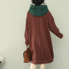 Loose green patchwork red Cotton Tunics Organic Runway hooded loose Dress FDM190129