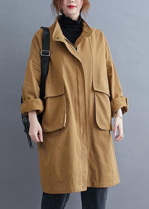 Loose khaki  coat for woman Outfits stand collar Large pockets coat TCT201123