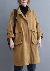 Loose khaki  coat for woman Outfits stand collar Large pockets coat TCT201123