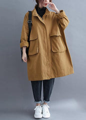 Loose khaki  coat for woman Outfits stand collar Large pockets coat TCT201123