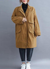 Loose khaki  coat for woman Outfits stand collar Large pockets coat TCT201123