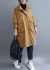 Loose khaki  coat for woman Outfits stand collar Large pockets coat TCT201123