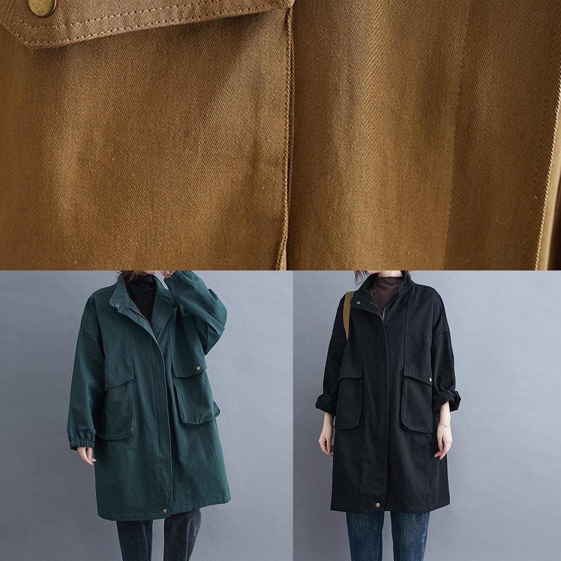Loose khaki  coat for woman Outfits stand collar Large pockets coat TCT201123