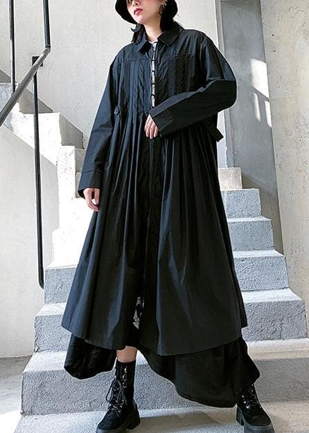 Loose lapel Cinched fine coats women black baggy coat AT-TCT200909