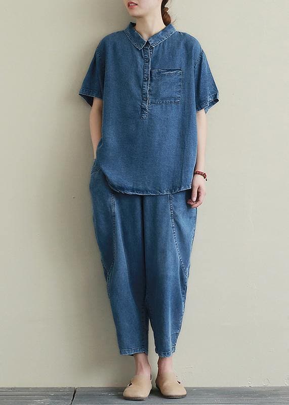 Loose large size thin section blue denim casual suit female lapel short sleeve shirt harem pants two-piece suit STP200701