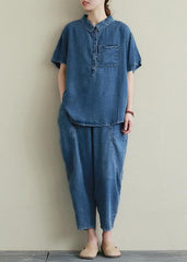 Loose large size thin section blue denim casual suit female lapel short sleeve shirt harem pants two-piece suit STP200701