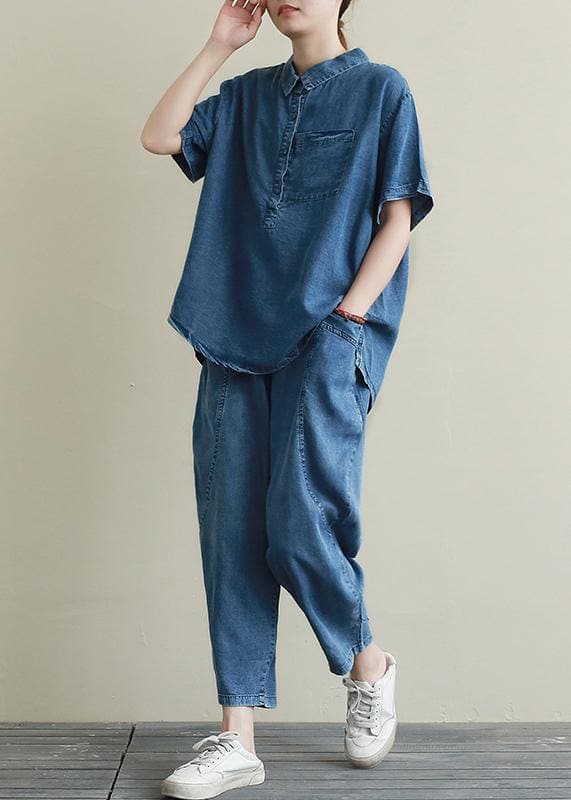 Loose large size thin section blue denim casual suit female lapel short sleeve shirt harem pants two-piece suit STP200701