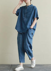 Loose large size thin section blue denim casual suit female lapel short sleeve shirt harem pants two-piece suit STP200701