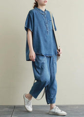 Loose large size thin section blue denim casual suit female lapel short sleeve shirt harem pants two-piece suit STP200701