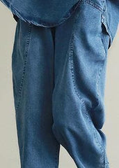 Loose large size thin section blue denim casual suit female lapel short sleeve shirt harem pants two-piece suit STP200701