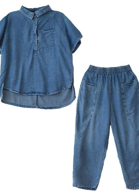 Loose large size thin section blue denim casual suit female lapel short sleeve shirt harem pants two-piece suit STP200701