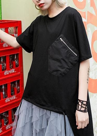 Loose o neck asymmetric Shirts Outfits black blouses AT-HTP201228