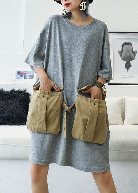 Loose patchwork big pockets Cotton clothes Women Inspiration gray Dresses summer AT-SDM190717