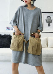 Loose patchwork big pockets Cotton clothes Women Inspiration gray Dresses summer AT-SDM190717
