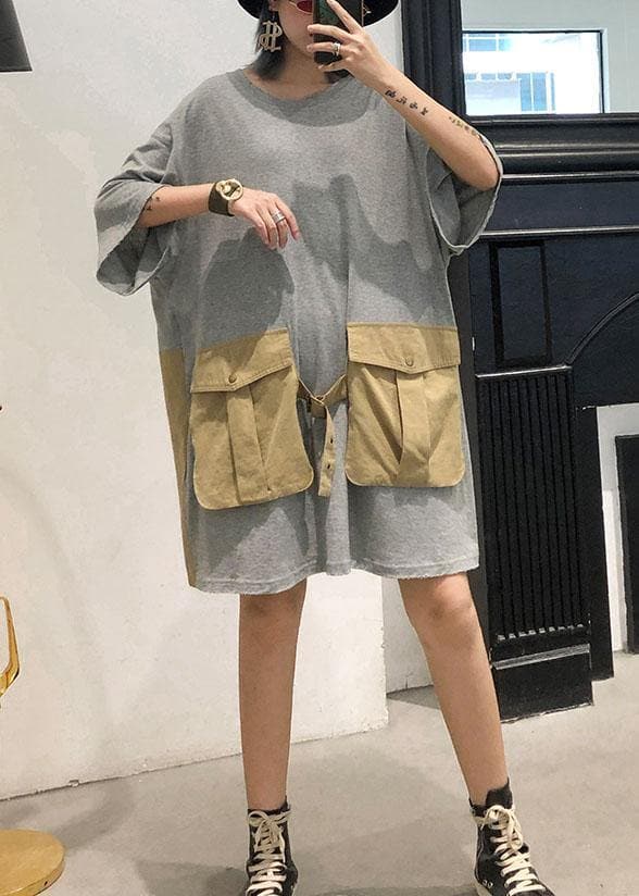 Loose patchwork big pockets Cotton clothes Women Inspiration gray Dresses summer AT-SDM190717