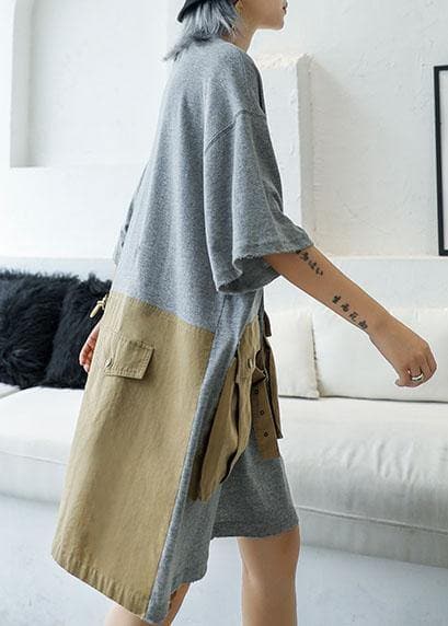 Loose patchwork big pockets Cotton clothes Women Inspiration gray Dresses summer AT-SDM190717