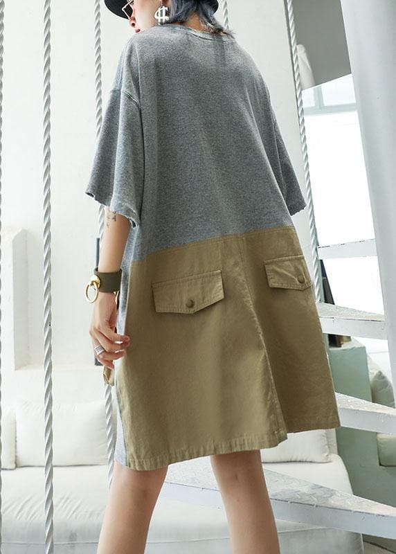 Loose patchwork big pockets Cotton clothes Women Inspiration gray Dresses summer AT-SDM190717