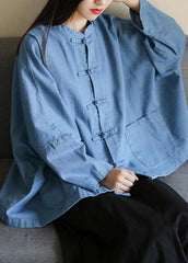 Loose stand collar Chinese Button clothes For Women Sleeve denim light blue shirts LTP200922