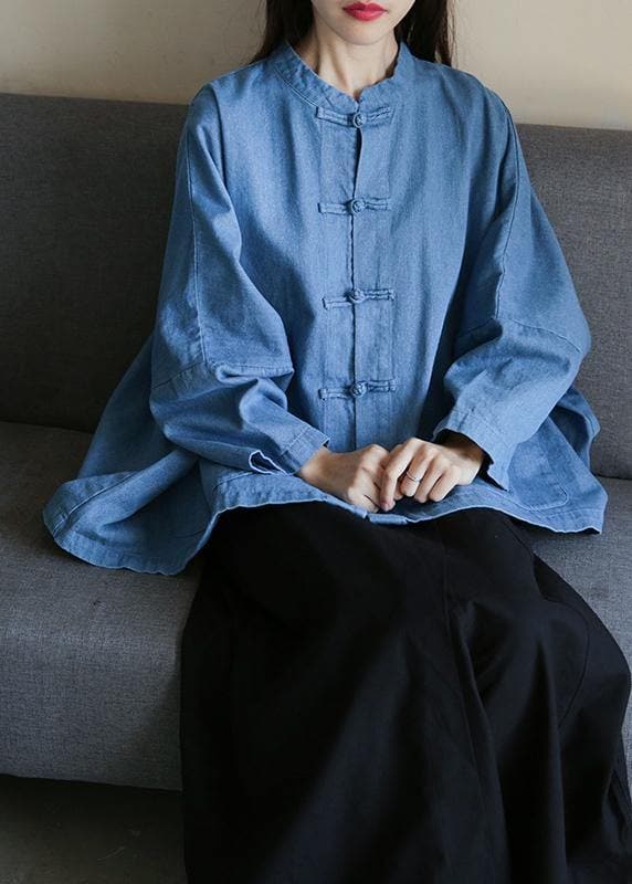 Loose stand collar Chinese Button clothes For Women Sleeve denim light blue shirts LTP200922
