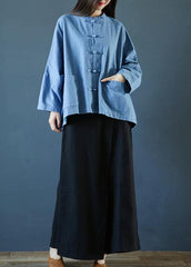 Loose stand collar Chinese Button clothes For Women Sleeve denim light blue shirts LTP200922