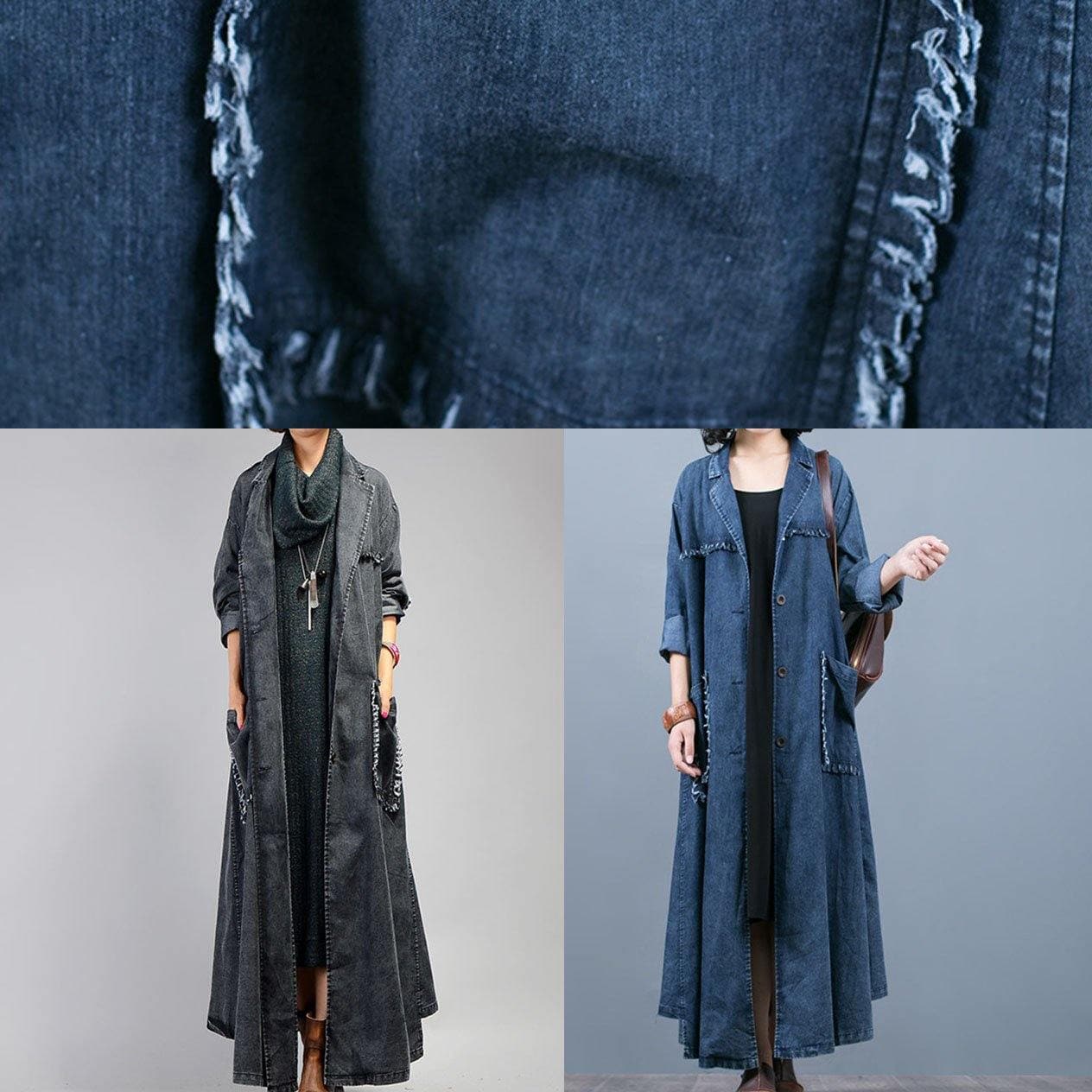Luxury denim blue coat oversize fall coat Notched Large pockets Coats TCT190910
