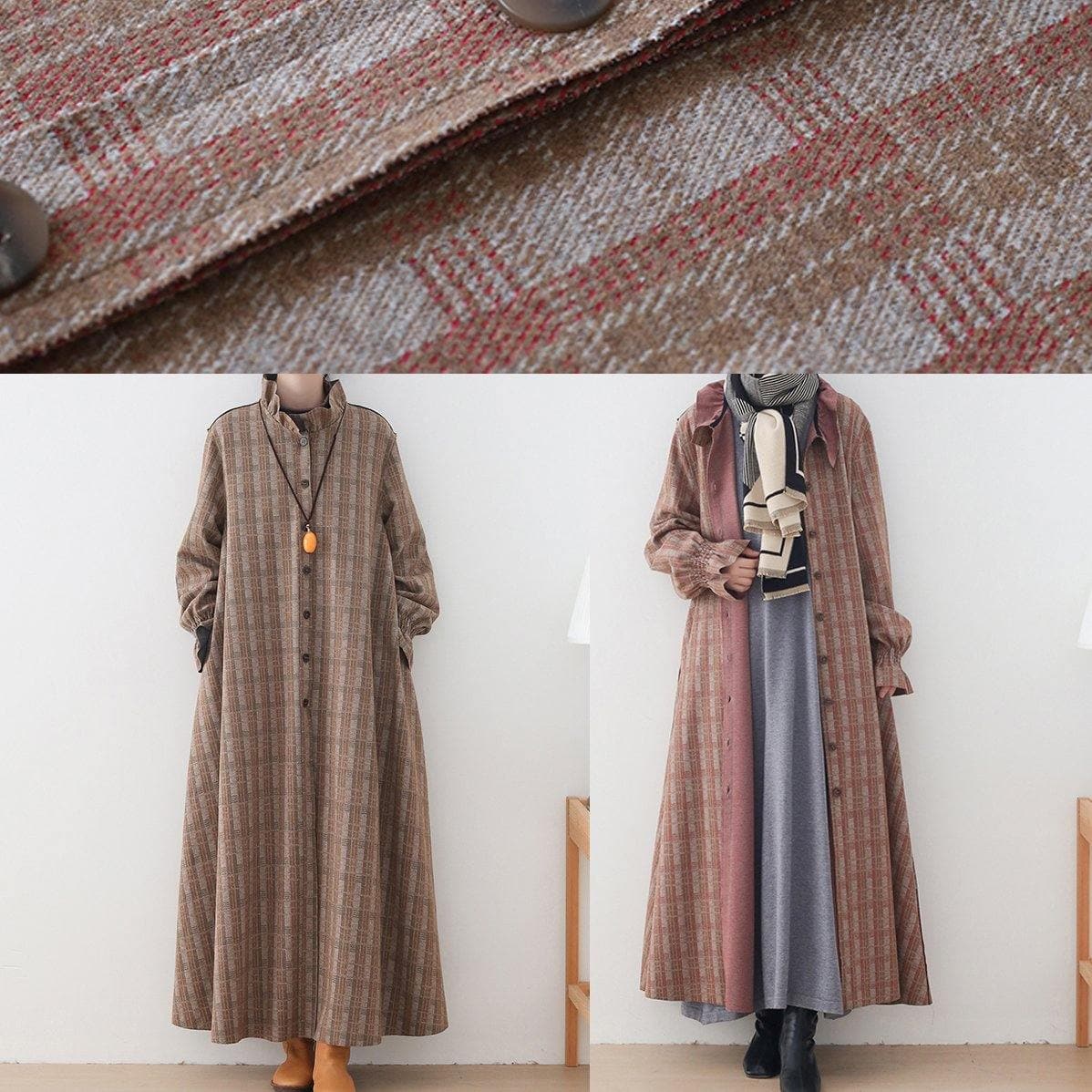 Luxury khaki plaid Wool jackets trendy plus size mid-length coats stand collar Button Down coat AM-TCT201001