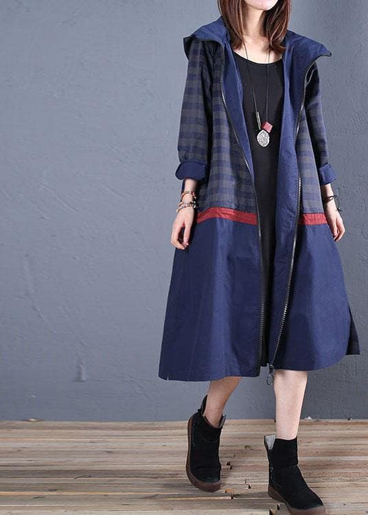 Luxury trendy plus size maxi coat fall blue hooded patchwork Coat TCT190925