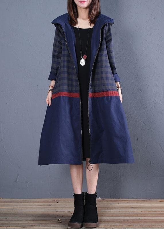Luxury trendy plus size maxi coat fall blue hooded patchwork Coat TCT190925
