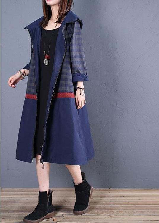 Luxury trendy plus size maxi coat fall blue hooded patchwork Coat TCT190925