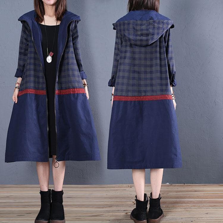 Luxury trendy plus size maxi coat fall blue hooded patchwork Coat TCT190925