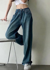 Modern Blue High Waist Draping Pockets Cotton Denim Wide Leg Pants Summer nz-LPTS220524