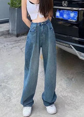 Modern Blue High Waist Draping Pockets Cotton Denim Wide Leg Pants Summer nz-LPTS220524