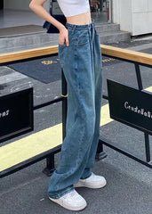 Modern Blue High Waist Draping Pockets Cotton Denim Wide Leg Pants Summer nz-LPTS220524