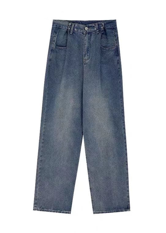 Modern Blue High Waist Draping Pockets Cotton Denim Wide Leg Pants Summer nz-LPTS220524