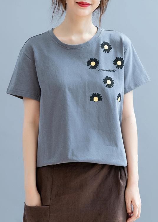 Modern o neck clothes For Women design gray daisy print shirt STP200725