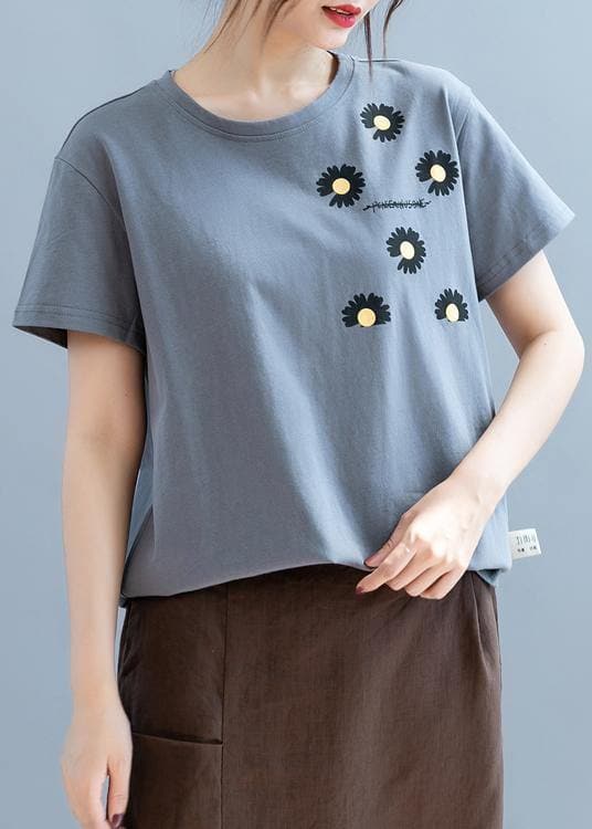 Modern o neck clothes For Women design gray daisy print shirt STP200725