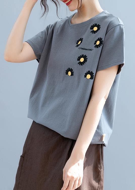 Modern o neck clothes For Women design gray daisy print shirt STP200725