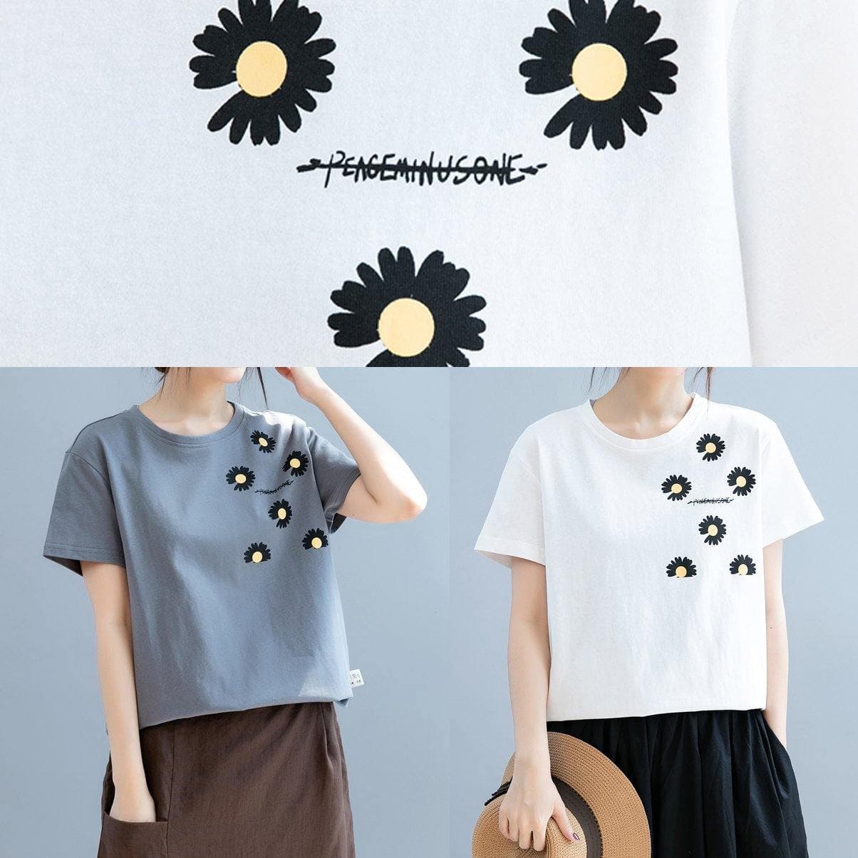 Modern o neck clothes For Women design gray daisy print shirt STP200725