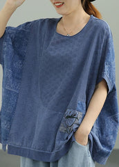 Natural Blue Loose O-Neck Print Fall Tee Half Sleeve GK-HTP210910