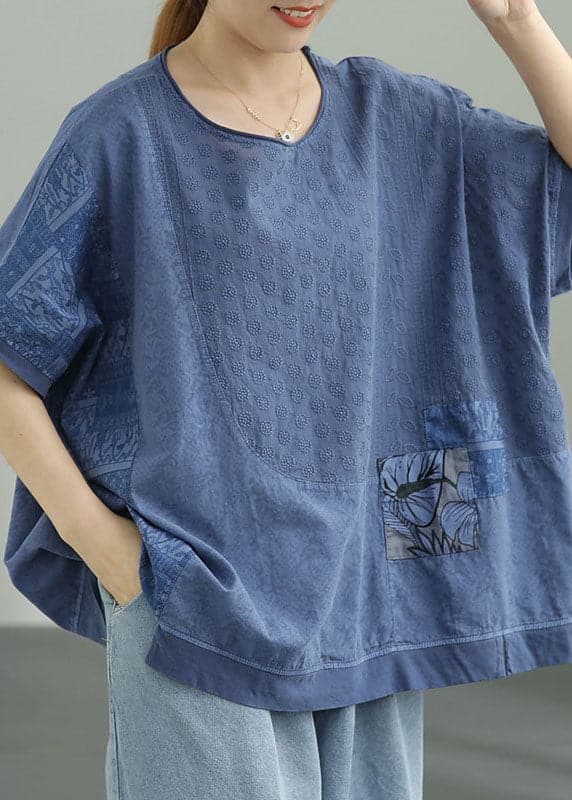 Natural Blue Loose O-Neck Print Fall Tee Half Sleeve GK-HTP210910